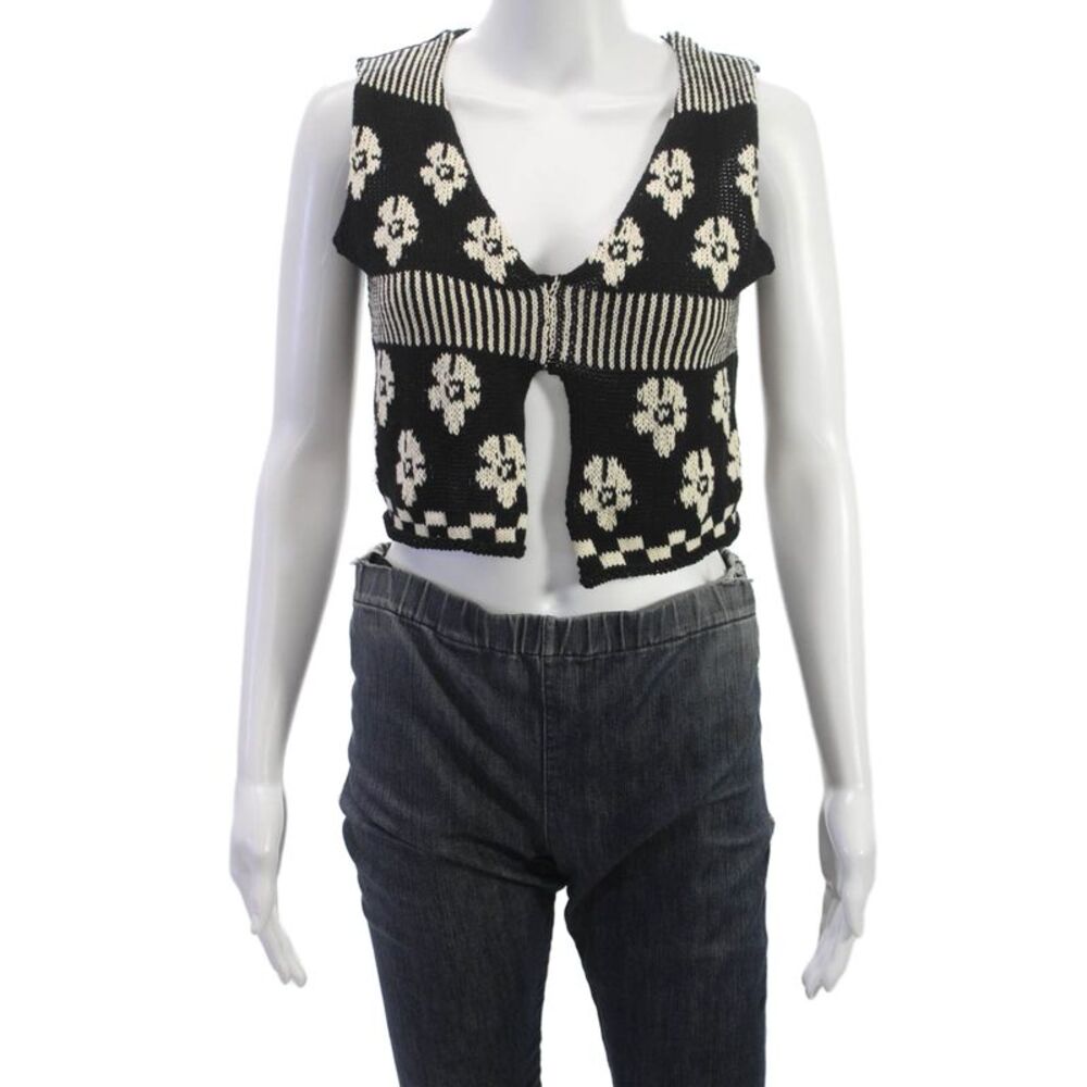 Tach Clothing Womens Floral Cotton VNeck Sleeveless Blouse Vest Black Size S